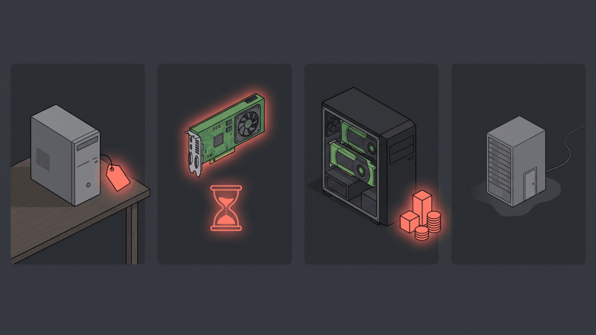 Illustration of four panels: a desktop computer with a price tag, a rented graphics card, a workstation with two cards, and a server.