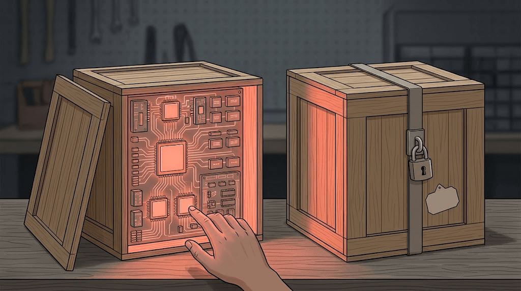 Illustration of two crates side by side, one open to reveal the technology inside and one padlocked shut, representing open-weight and closed AI models.