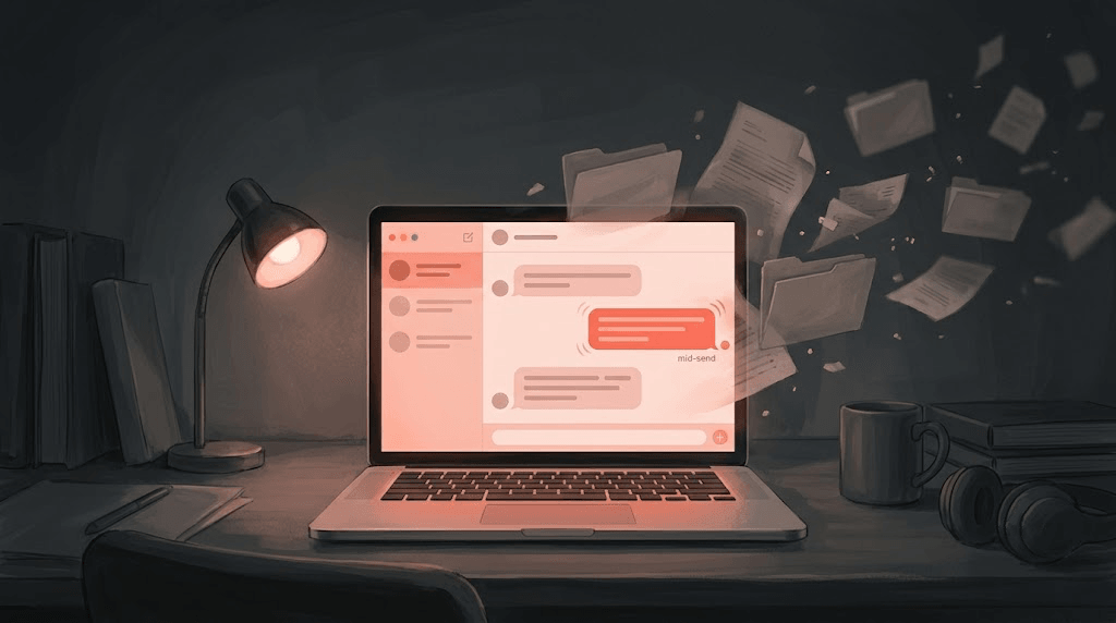 Illustration of a laptop showing an AI chat, with documents floating out of the screen and away.